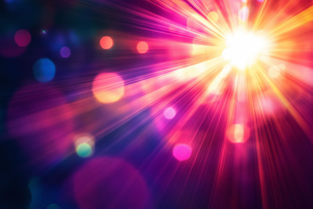 Vibrant light rays burst through a dark background, creating a mesmerizing interplay of colors and glowing bokeh effectsの素材
