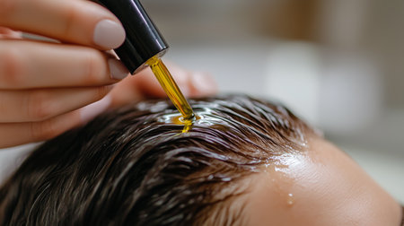 A person applying nourishing oil to their hair for improved moisture and shine at a salon during a beauty treatment sessionの素材