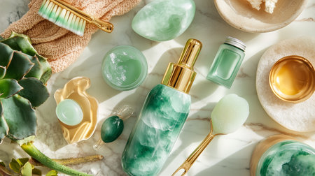 Aromatic skincare ritual with jade tools and natural products arranged elegantly on a marble surface in a calming settingの素材
