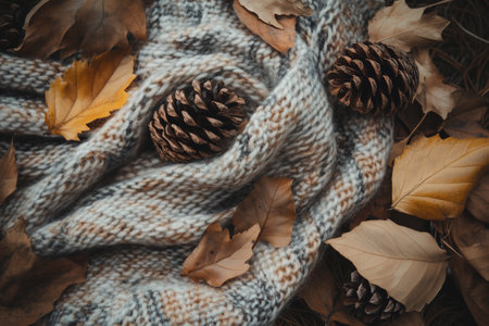 Cozy fall scene with knitted blanket, pine cones, and autumn leaves on the groundの素材
