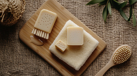 Natural handmade soap and accessories displayed on a wooden surface with a soft towel in a serene settingの素材