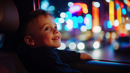 Delighted child gazing at colorful city lights while leaning out of a car window on a vibrant eveningの素材