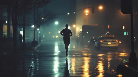 A lone runner navigates a rainy, dimly lit urban street on a misty night, reflecting city lights on the wet pavementの素材
