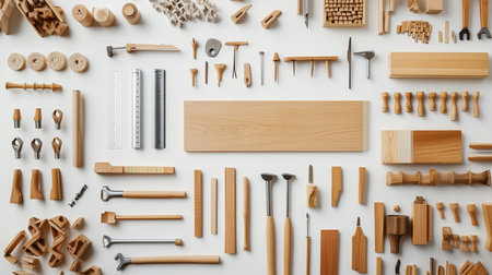 A variety of wooden tools and components arranged meticulously on a white surface for an organized woodworking projectの素材