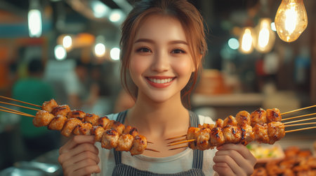 Smiling woman holding skewers of grilled meat at a vibrant street food market during the eveningの素材