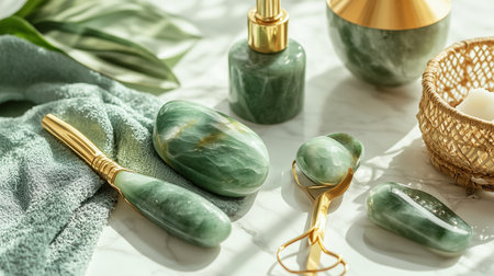 Jade skincare tools arranged neatly on a marble countertop with natural light illuminating a tranquil settingの素材