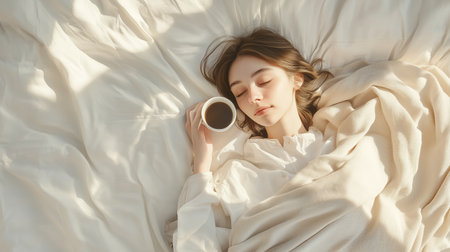 A young woman peacefully resting in bed while holding a steaming cup of coffee, enjoying a serene morning indoorsの素材