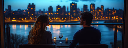 Couple enjoying a romantic evening on a balcony overlooking the illuminated city skyline at duskの素材
