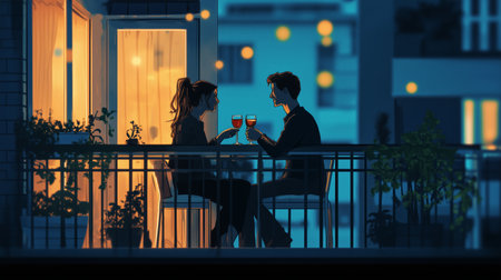 Couple enjoying romantic drinks on a balcony with evening city lights illuminating the cozy atmosphereの素材