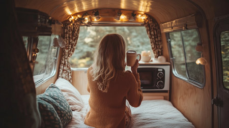 Cozy woman enjoying coffee in a vintage camper van surrounded by nature during a tranquil morningの素材