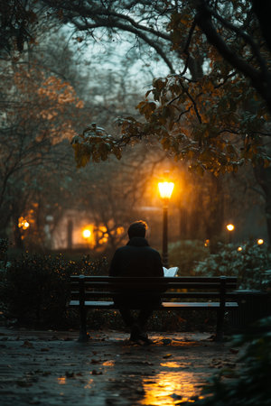 A solitary figure reading on a park bench, illuminated by street lamps during a tranquil evening in autumnの素材