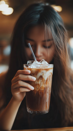 Young woman savoring an iced coffee in a cozy cafÃ© during the afternoon, with a focus on her enjoyment of the drinkの素材