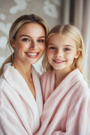 Mother and daughter share a joyful moment in matching pink robes at home during a cozy morning togetherの素材