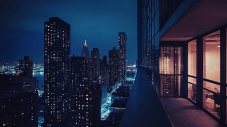 City skyline view at night from a high-rise balcony overlooking illuminated skyscrapers and the Chrysler Building in New Yorkの素材