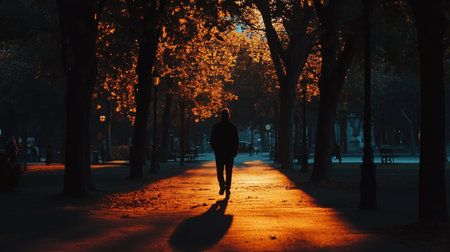 A solitary figure walks along a tree-lined path in a park illuminated by the warm glow of sunsetの素材