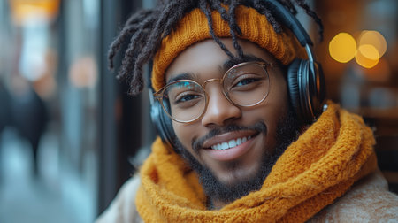 Young man with stylish glasses and headphones smiles warmly while enjoying coffee in a cozy cafÃ© during winter afternoonの素材