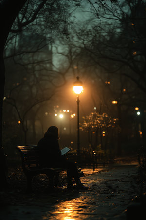 A lone reader enjoys a quiet moment in a dimly lit park during a rainy evening under soft streetlightsの素材