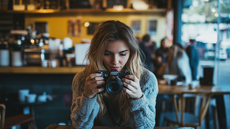 Young woman focused on her camera while sitting in a bustling cafÃ© during afternoon hoursの素材