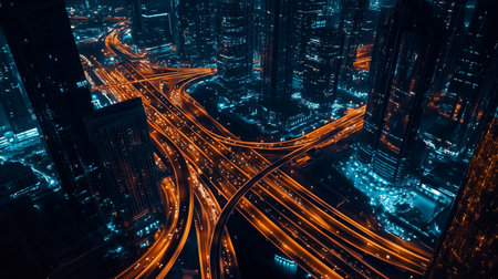 Aerial view of busy city intersection illuminated by bright lights at night showcasing dynamic traffic movement and architectural skylineの素材