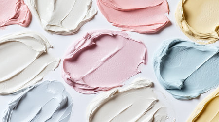 Colorful paint swatches arranged on a surface showcasing various pastel shades for artistic projects and inspirationの素材