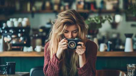 Young woman with long hair candidly taking a photo with a vintage camera inside a cozy cafÃ© during the afternoonの素材