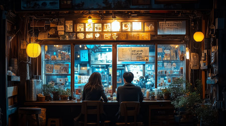 Couple enjoying a quiet evening at a cozy cafÃ© with warm lights and a vibrant street view in a bustling city at nightの素材