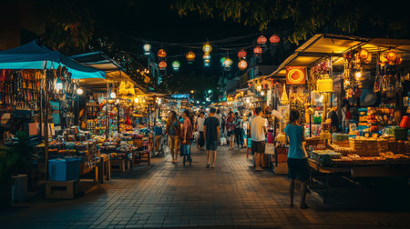 Vibrant night market filled with colorful stalls and lanterns in a bustling outdoor settingの素材