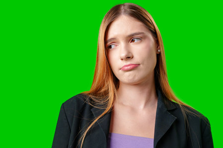 Young Woman Wearing Blazer Looks Skeptical Against Green Screenの写真素材