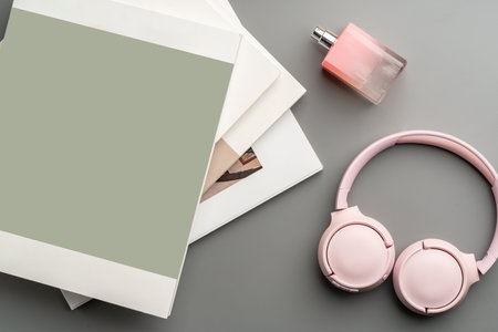 Stylish pink headphones on a pastel backgroundの写真素材