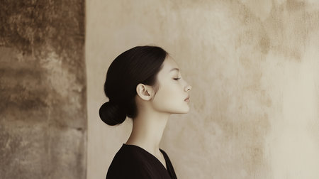 A serene woman in profile gazing contemplatively at a textured wall in a minimalist setting during soft daylightの素材