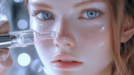 Skincare routine showcasing a young woman using a serum on her face during a bright indoor setting with sparkling lightsの素材