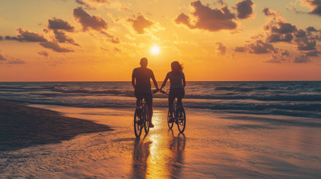 Couple riding bicycles hand in hand along the beach during a vibrant sunset by the oceanの素材
