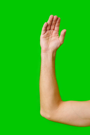Hand Gesture Above Arm Against Bright Green Backgroundの写真素材