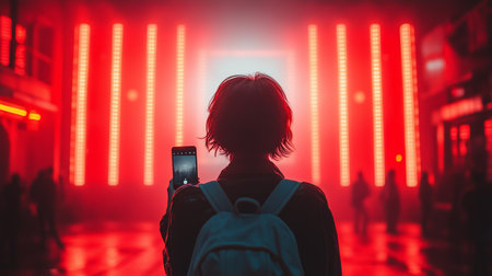 A person stands with a phone in hand, silhouetted against vibrant red lights in a busy urban environment during the eveningの素材