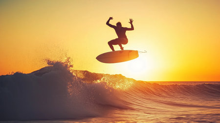 Surfer performing an aerial maneuver at sunset over ocean waves in a tranquil beach settingの素材