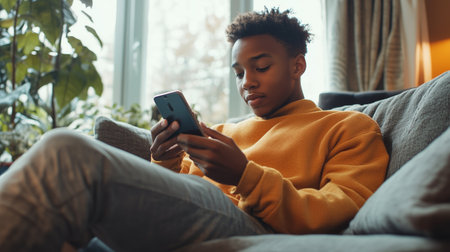A young man relaxes on a cozy sofa while using his smartphone in a sunlit living room surrounded by houseplantsの素材