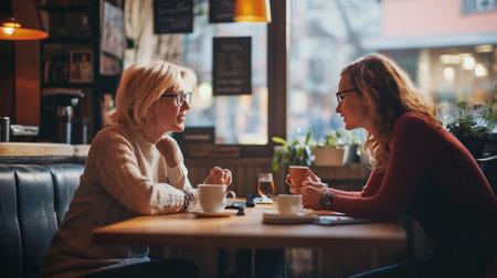 Two women enjoy a lively conversation over coffee in a cozy cafÃ© during the afternoonの素材