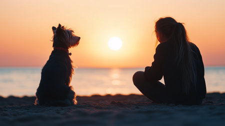 A woman and her dog enjoy a tranquil sunset by the calm beach, reflecting on the serene ocean waves in the evening lightの素材