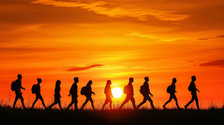 Silhouetted group of hikers walking against a vibrant sunset in the evening sky, creating a beautiful natural sceneの素材