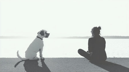 A person and their dog enjoy a tranquil sunset by the waters edge, reflecting on a peaceful moment in natureの素材