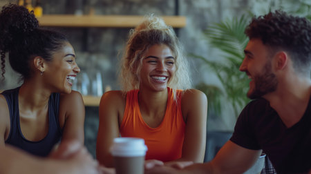 Friends smiling and enjoying a casual conversation in a trendy cafÃ© during the afternoonの素材