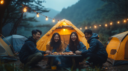 A group of friends enjoying a barbecue under string lights at a campsite in the mountains during twilightの素材