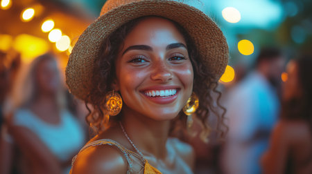 A joyful woman wearing a straw hat and earrings smiles brightly at a lively outdoor gathering during the eveningの素材
