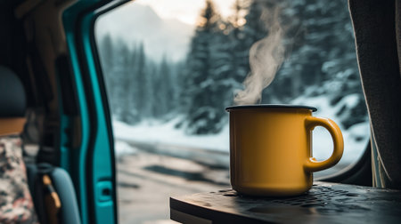 A steaming yellow mug sits on a table inside a cozy van, overlooking a snow-covered landscape during winter morningの素材