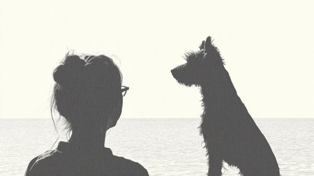Silhouette of a person and a dog gazing at the horizon by the water during a calm evening sunsetの素材