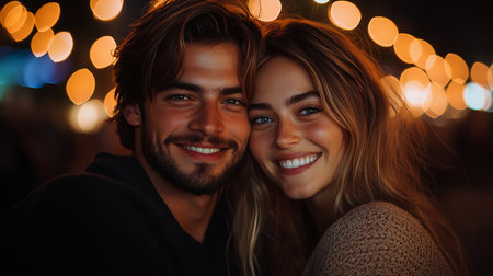 Couple enjoying a joyful evening together under warm fairy lights at a lively outdoor gathering in a city parkの素材