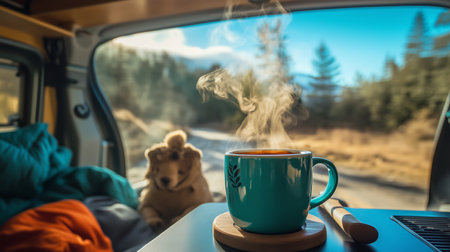 Cozy morning in a campervan with a steaming cup of coffee and a dog enjoying the outdoors in a scenic mountain settingの素材