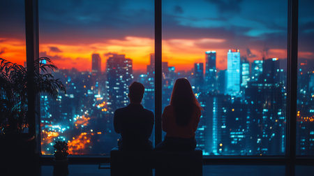 Couple enjoying a vibrant sunset view from a high-rise building overlooking a bustling city skyline at duskの素材