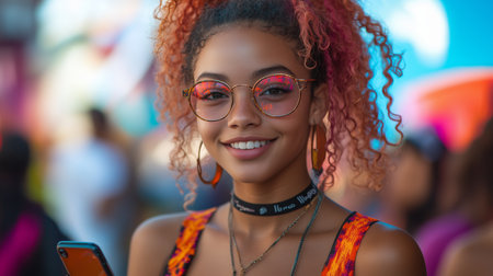Young woman with colorful hair and glasses smiles while holding a smartphone at a summer festival in a vibrant outdoor settingの素材