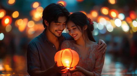 A couple joyfully holding a glowing lantern during a vibrant festival at night in a bustling street filled with lightsの素材